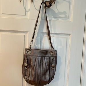 MAXOWSKY DARK SILVER 100% LEATHER HANDBAG WITH SILVER TONE HARDWARE.